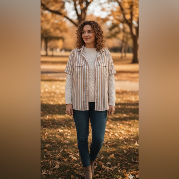Elegant Striped Button Down Shirt - Cream and Brown - Picture 8 of 9